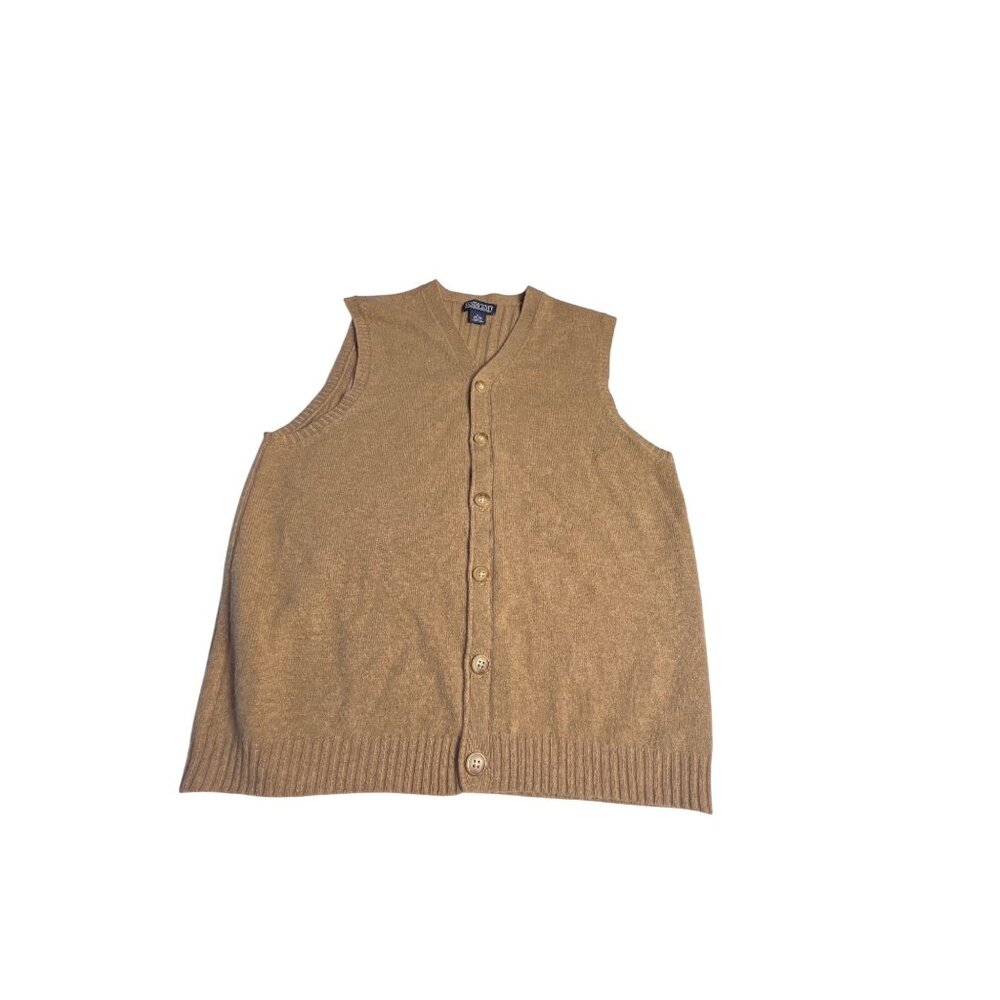 Lands End Mens Medium Lambswool Camel Button-Front Cardigan Vest preppy